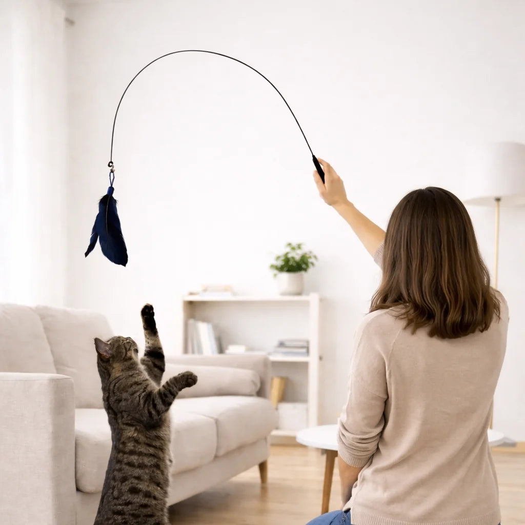 Cat Toy Cat Teaser Stick With Bell Extended Rod Suction Cup Self High And Durable Bite Teaser Tool Replaceable Feather Head