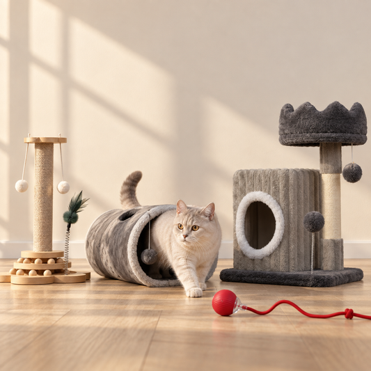 A cat coming out of the play tunnel, with the four pieces of the Happy Cat Pack