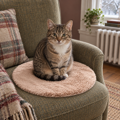 Cat sitting on the round Bilberry heated mat on an armchair