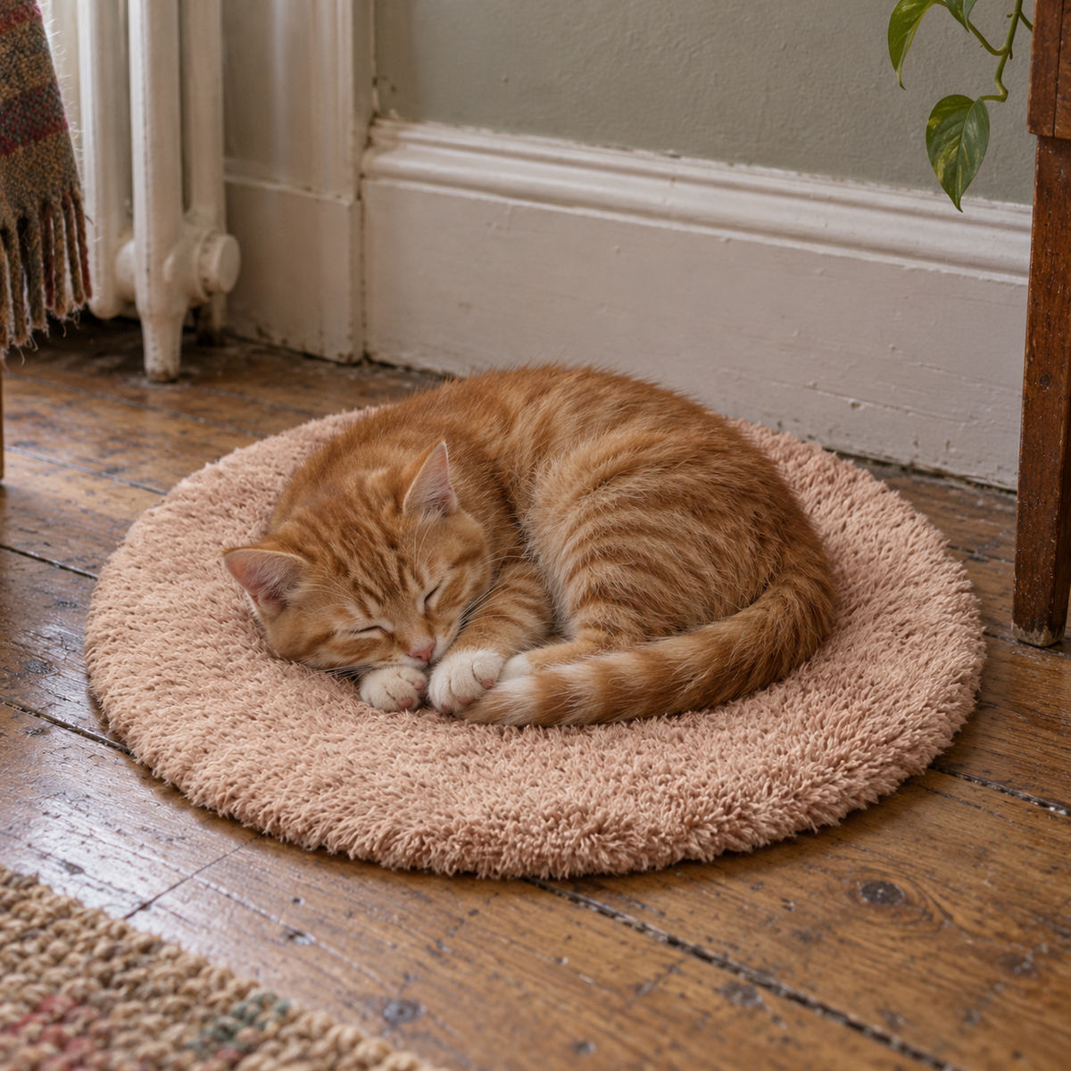 Young ginger cat curled on the round Bilberry heated mat on old floorboards
