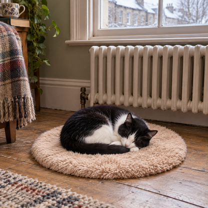 Cat asleep on the round Bilberry heated mat in front of a column radiator