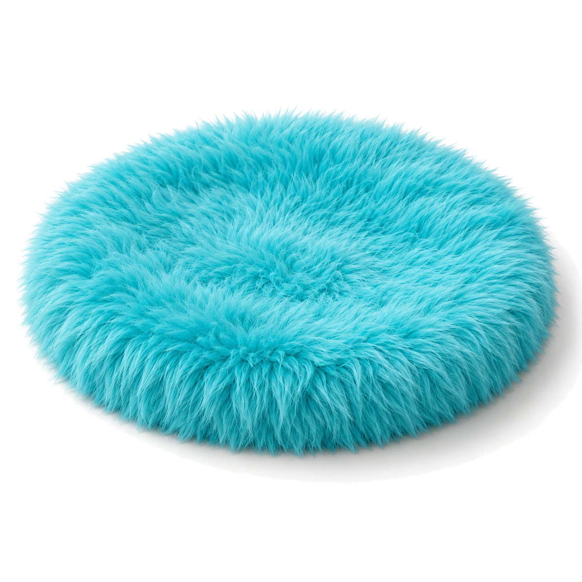 Bilberry round heated mat for cats in teal, 40 cm of long pile, on a white background