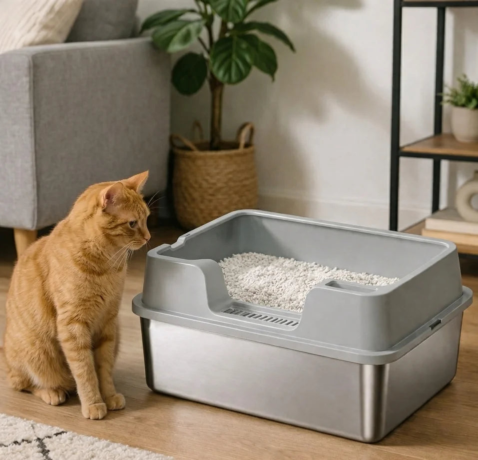 Cat Litter Box Stainless Steel XL Metal Litter Pan Tray with Scoop for Big Cat High Wall Sides Enclosure Non-Sticky cat toilet