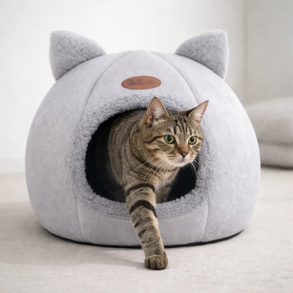 Cat Head Shape Cute And Comfortable Warm Cat House Safe Sleep Cave Non-Slip Semi-Closed Design Four Seasons Universal Cat Nest