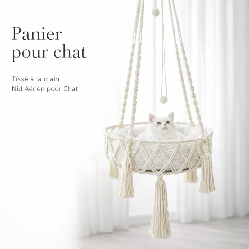 Boho Macrame Cat Hammock with Complete Hanging Kit, Hand Woven Wall Mount Cat Bed Indoor Decor Pet Swing Cat Nest