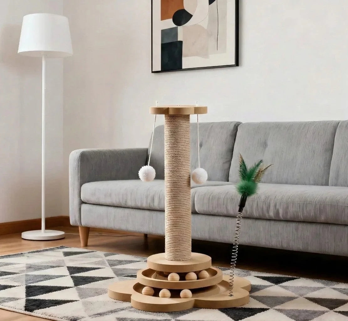 Pet Cat Toy Solid Wood Cat Turntable Funny Cat Stick Balls Durable Sisal Scratching Board Cat Supplies Cat Grab Column
