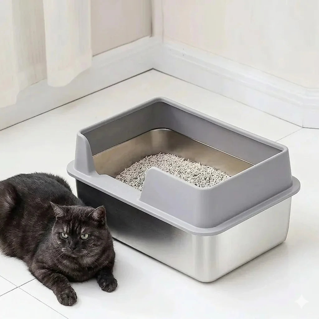 Cat Litter Box Stainless Steel XL Metal Litter Pan Tray with Scoop for Big Cat High Wall Sides Enclosure Non-Sticky cat toilet