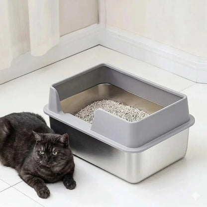 Cat Litter Box Stainless Steel XL Metal Litter Pan Tray with Scoop for Big Cat High Wall Sides Enclosure Non-Sticky cat toilet