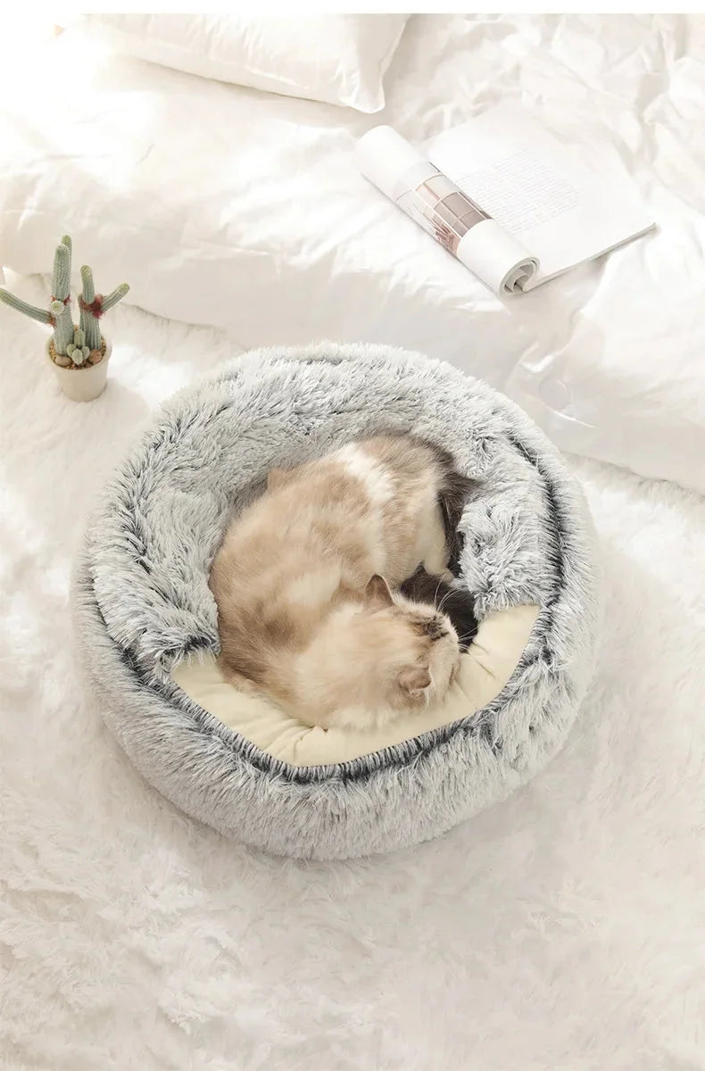 Soft Plush Pet Bed with Cover Round Cat Bed Pet Mattress Warm Cat Dog 2 in 1 Sleeping Nest Cave for Small Dogs Or Cats