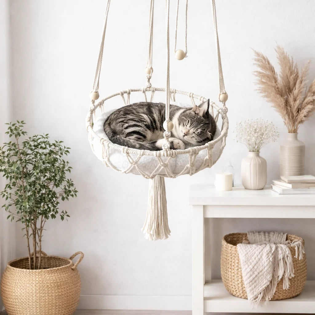 Boho Macrame Cat Hammock with Complete Hanging Kit, Hand Woven Wall Mount Cat Bed Indoor Decor Pet Swing Cat Nest