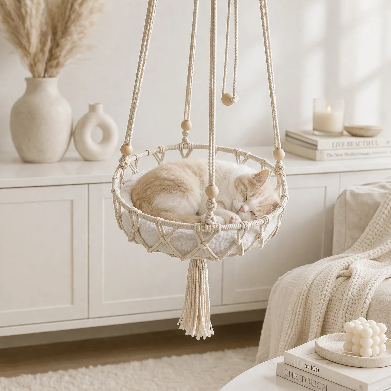 Boho Macrame Cat Hammock with Complete Hanging Kit, Hand Woven Wall Mount Cat Bed Indoor Decor Pet Swing Cat Nest