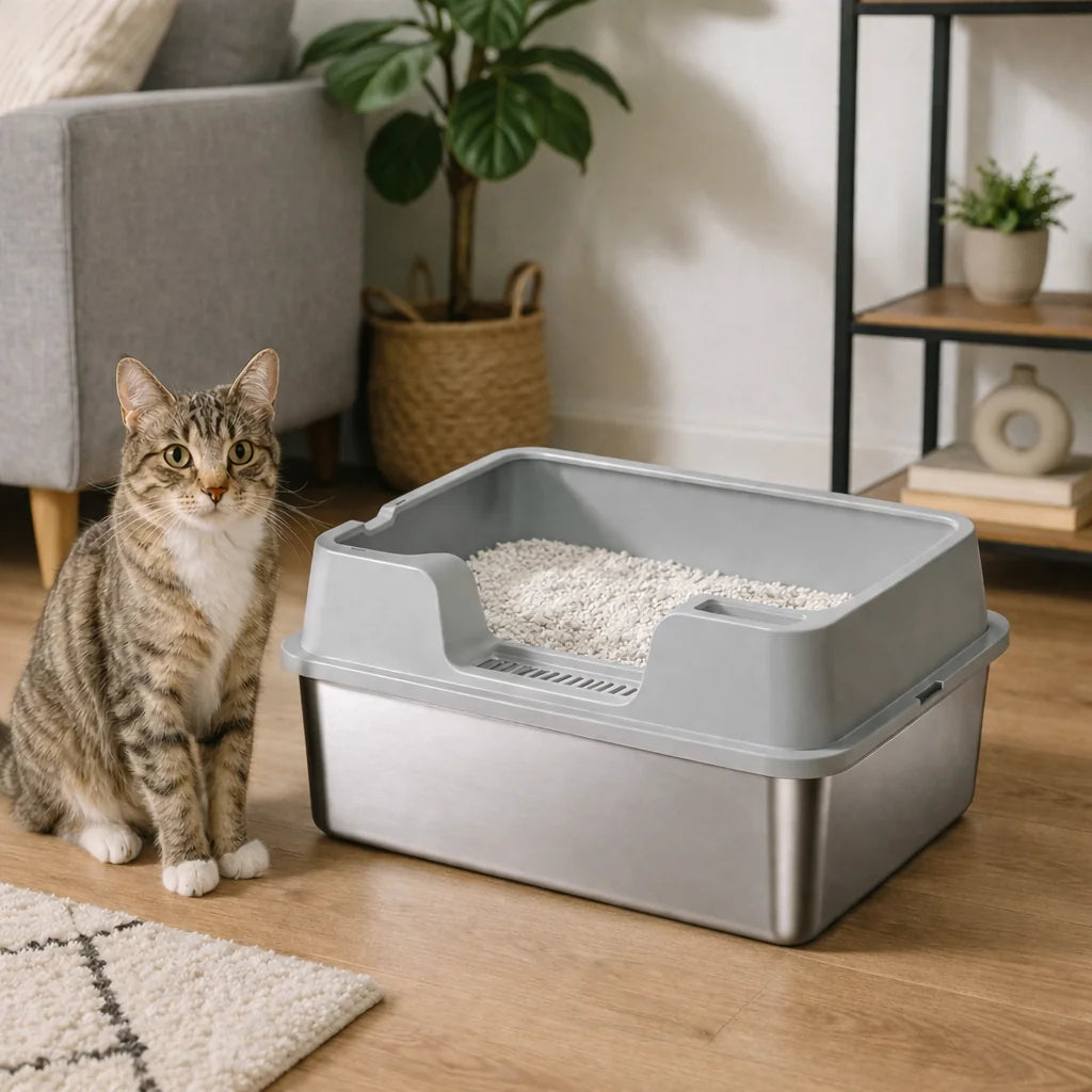 Cat Litter Box Stainless Steel XL Metal Litter Pan Tray with Scoop for Big Cat High Wall Sides Enclosure Non-Sticky cat toilet