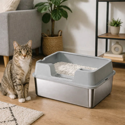 Cat Litter Box Stainless Steel XL Metal Litter Pan Tray with Scoop for Big Cat High Wall Sides Enclosure Non-Sticky cat toilet