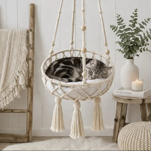 Boho Macrame Cat Hammock with Complete Hanging Kit, Hand Woven Wall Mount Cat Bed Indoor Decor Pet Swing Cat Nest