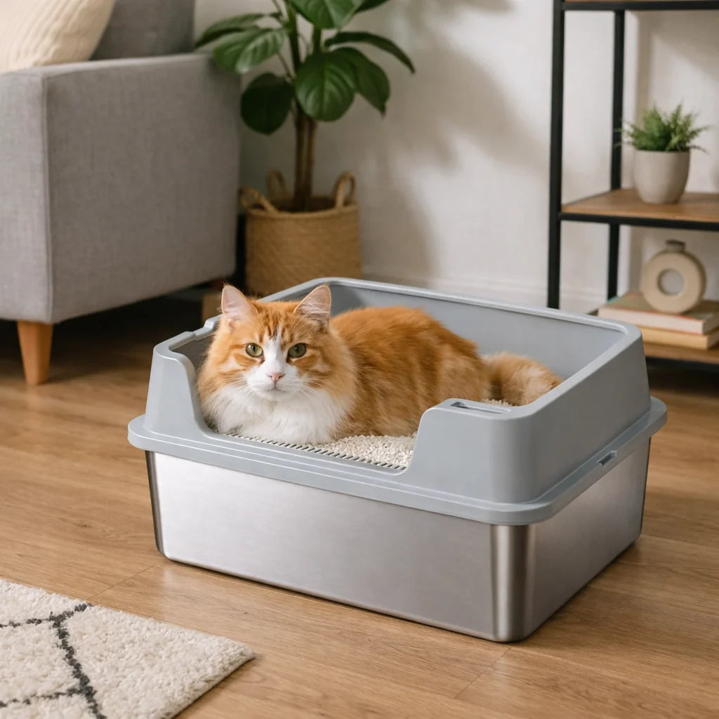 Cat Litter Box Stainless Steel XL Metal Litter Pan Tray with Scoop for Big Cat High Wall Sides Enclosure Non-Sticky cat toilet