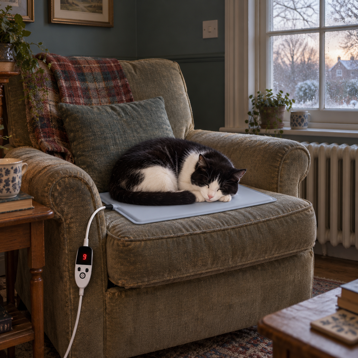 Catkin heated bed pad on an armchair with a cat on it, controller on the arm