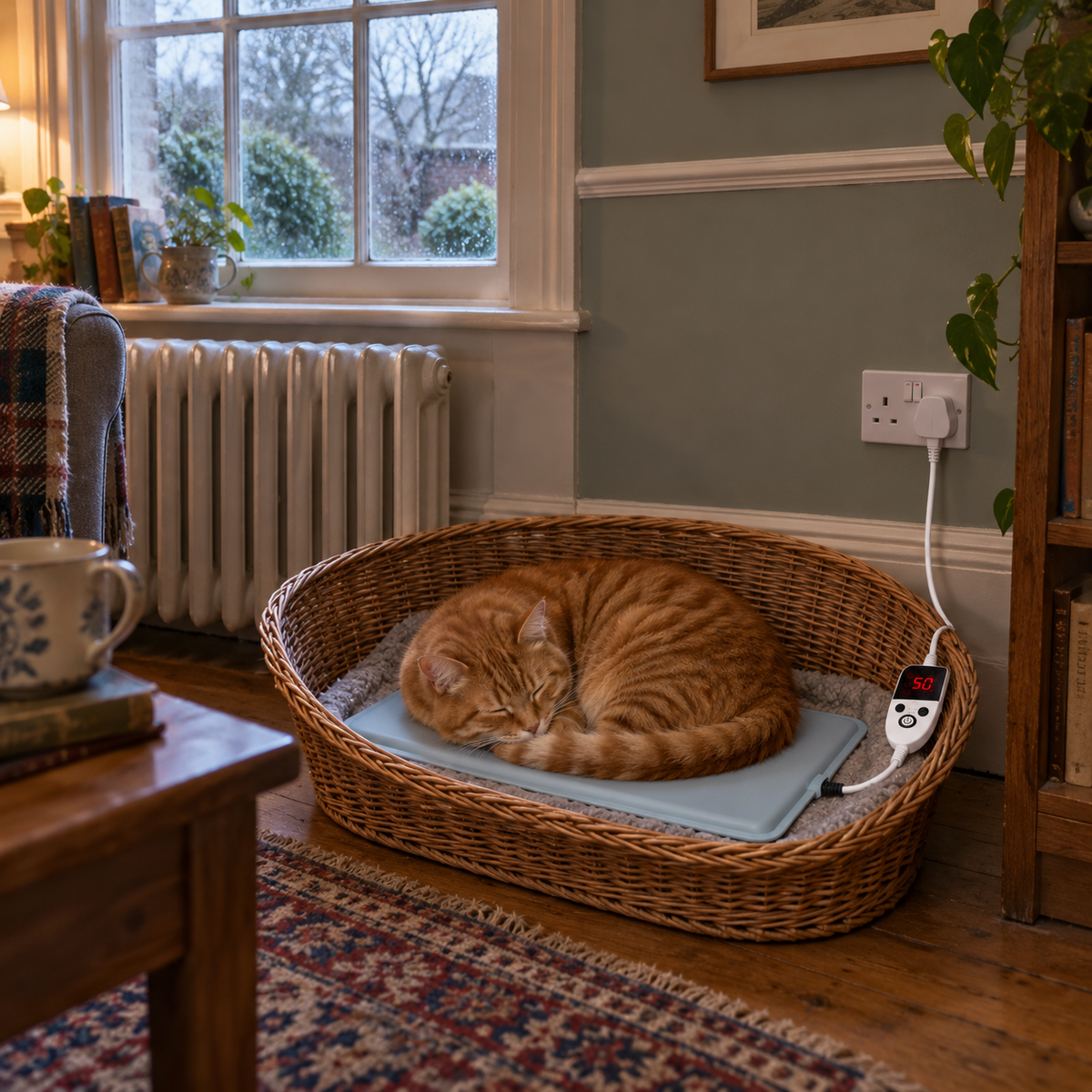Catkin heated bed pad in a wicker basket with a ginger cat asleep on it
