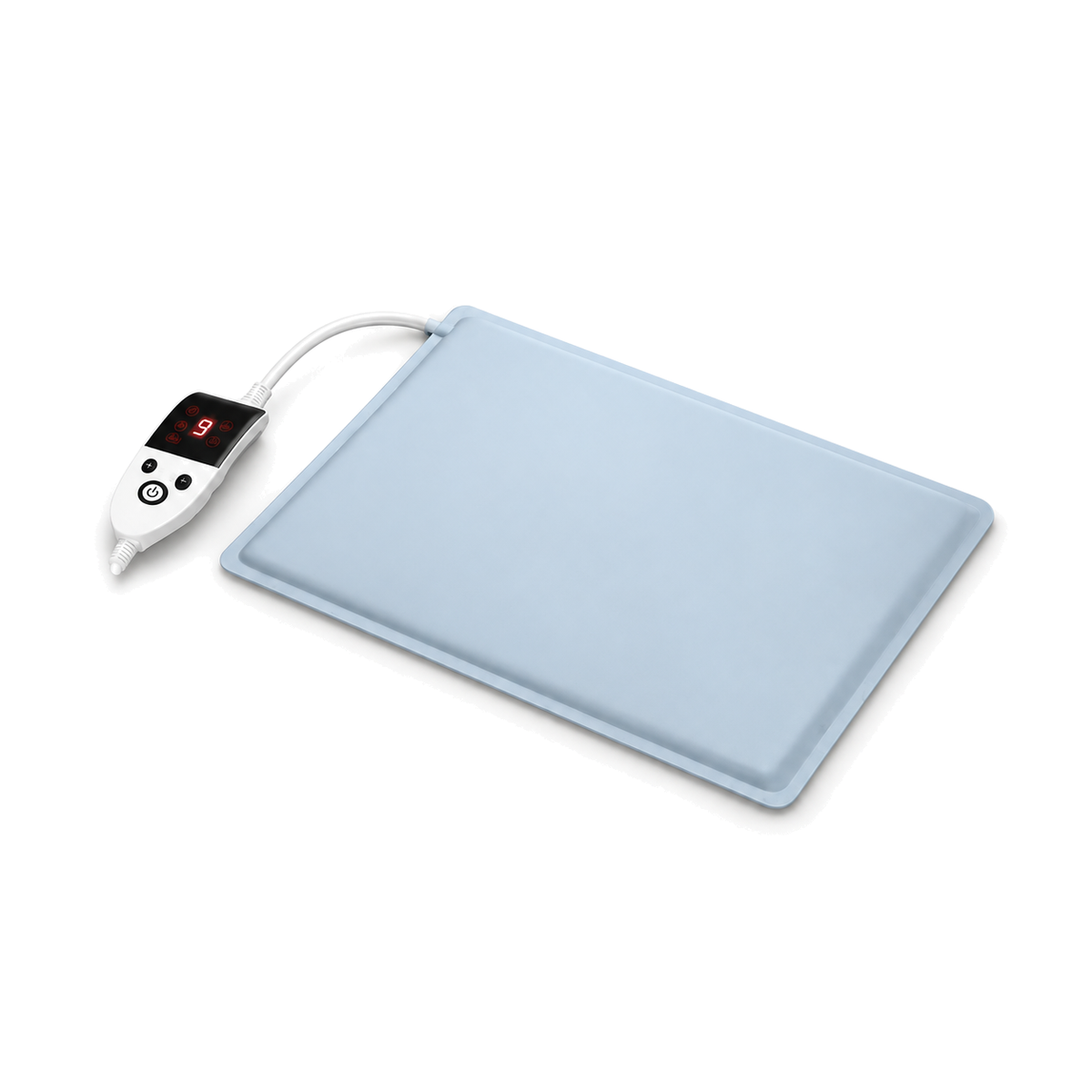 Catkin heated bed pad for cats in blue grey, with its nine level controller, on a white background