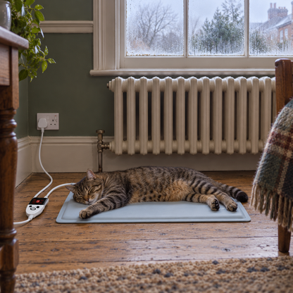 Tabby cat lying on the Catkin heated bed pad by a column radiator, controller beside it