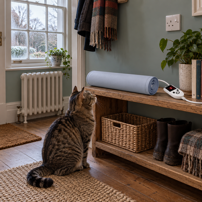 Catkin heated bed pad rolled up on a shelf for storage