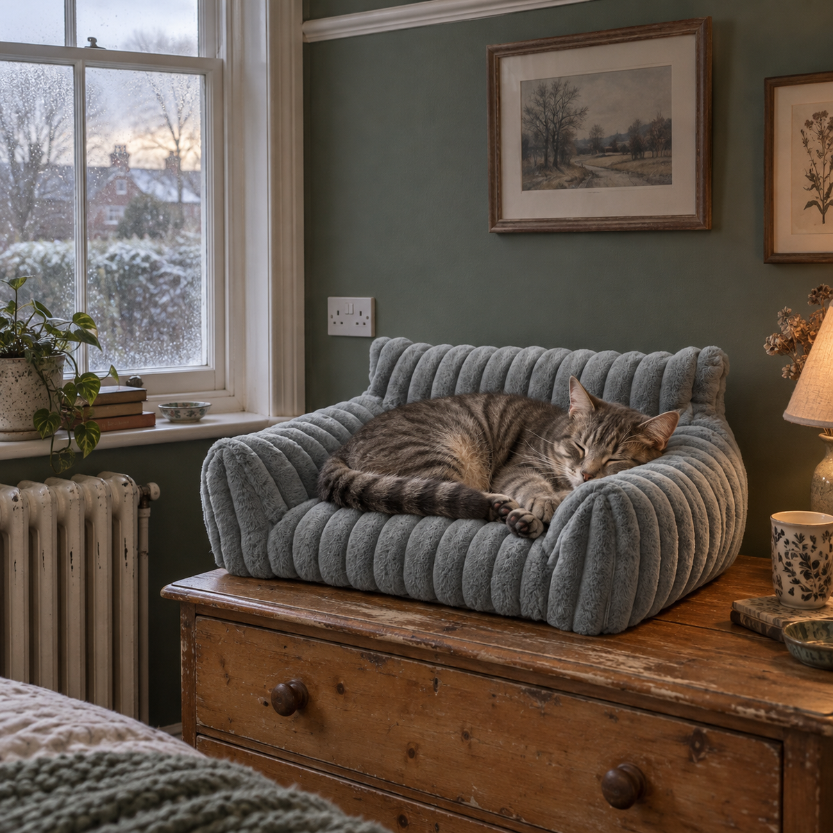 Cowslip sofa bed on a chest of drawers with a cat curled in it