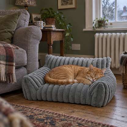 Cowslip sofa bed on a living room floor with a cat settled in it