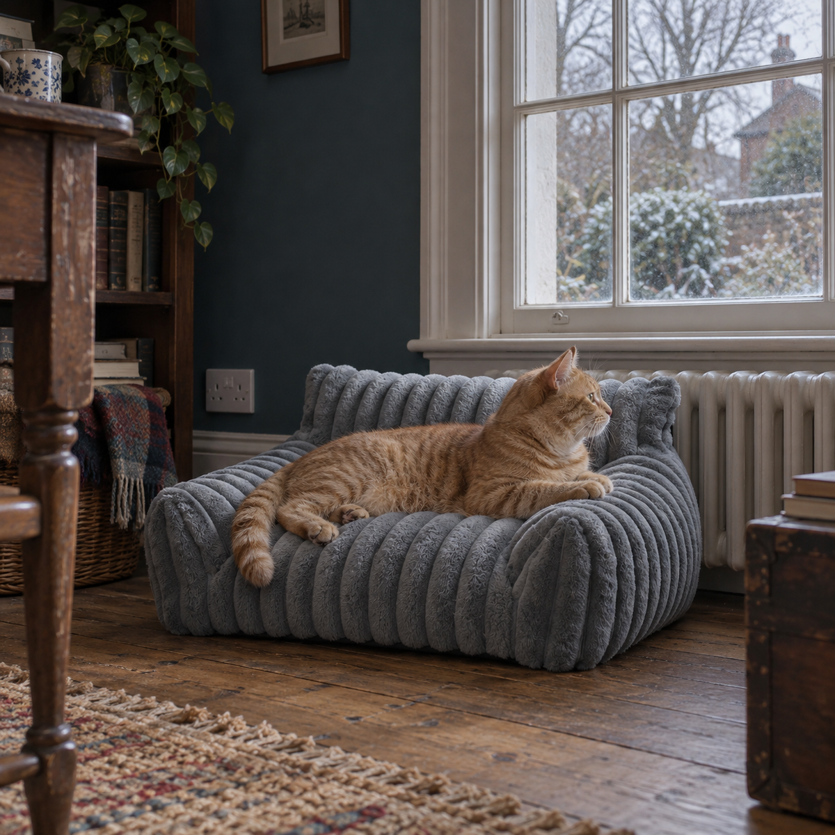 Cat in the Cowslip sofa bed looking out of a sash window at a winter garden