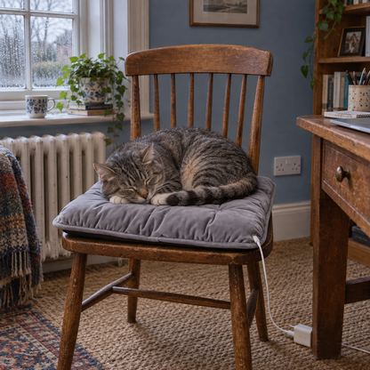 Cat curled on the Ember heated cushion on a wooden chair