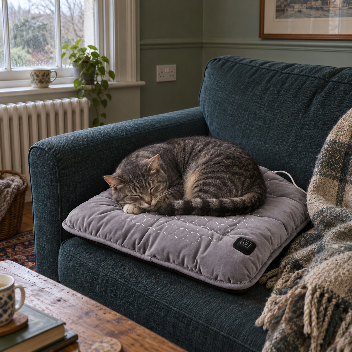 Ember heated cushion in the corner of a sofa with a cat asleep