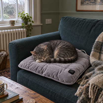 Ember heated cushion in the corner of a sofa with a cat asleep