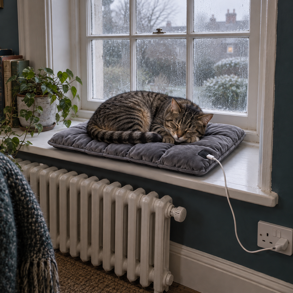 Ember heated cushion on a sash window sill with a cat on it
