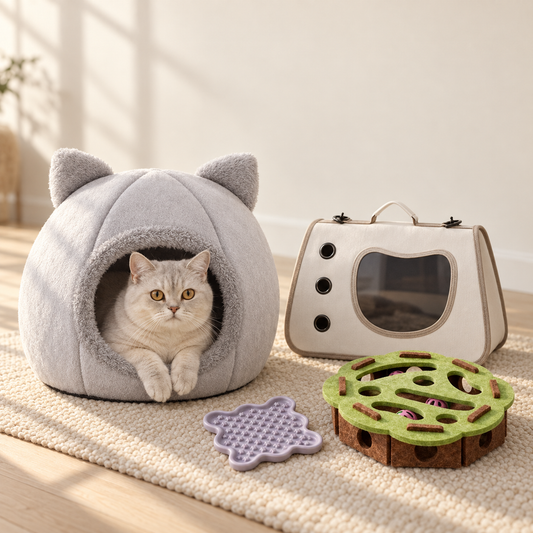 The four pieces of the First Cat Pack in a bright room