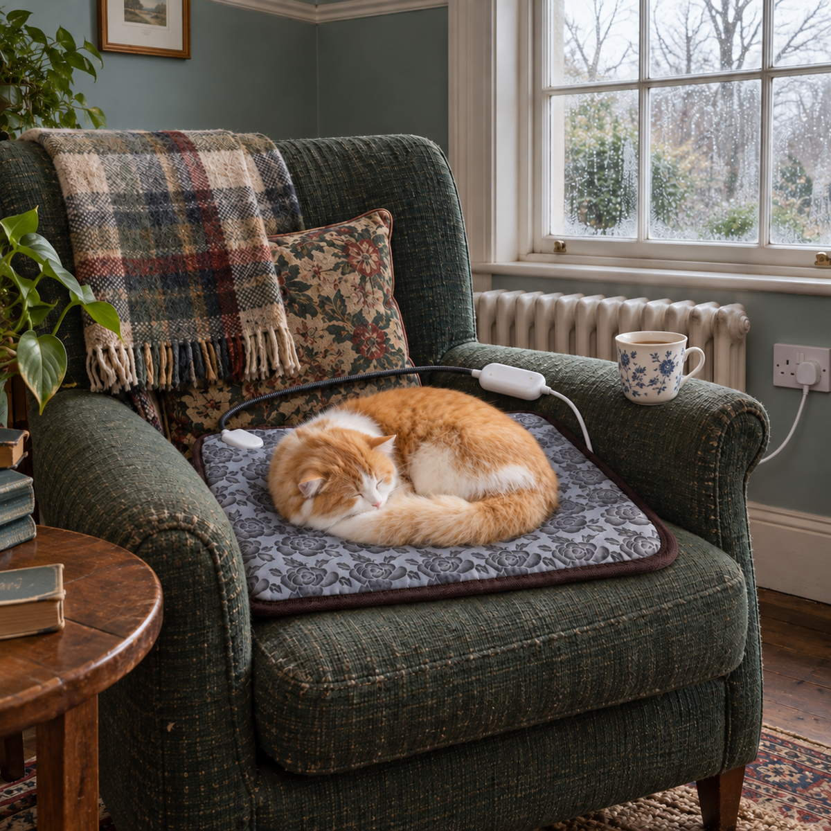 Hearth heated mat on an armchair with a cat asleep on it