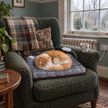 Hearth heated mat on an armchair with a cat asleep on it