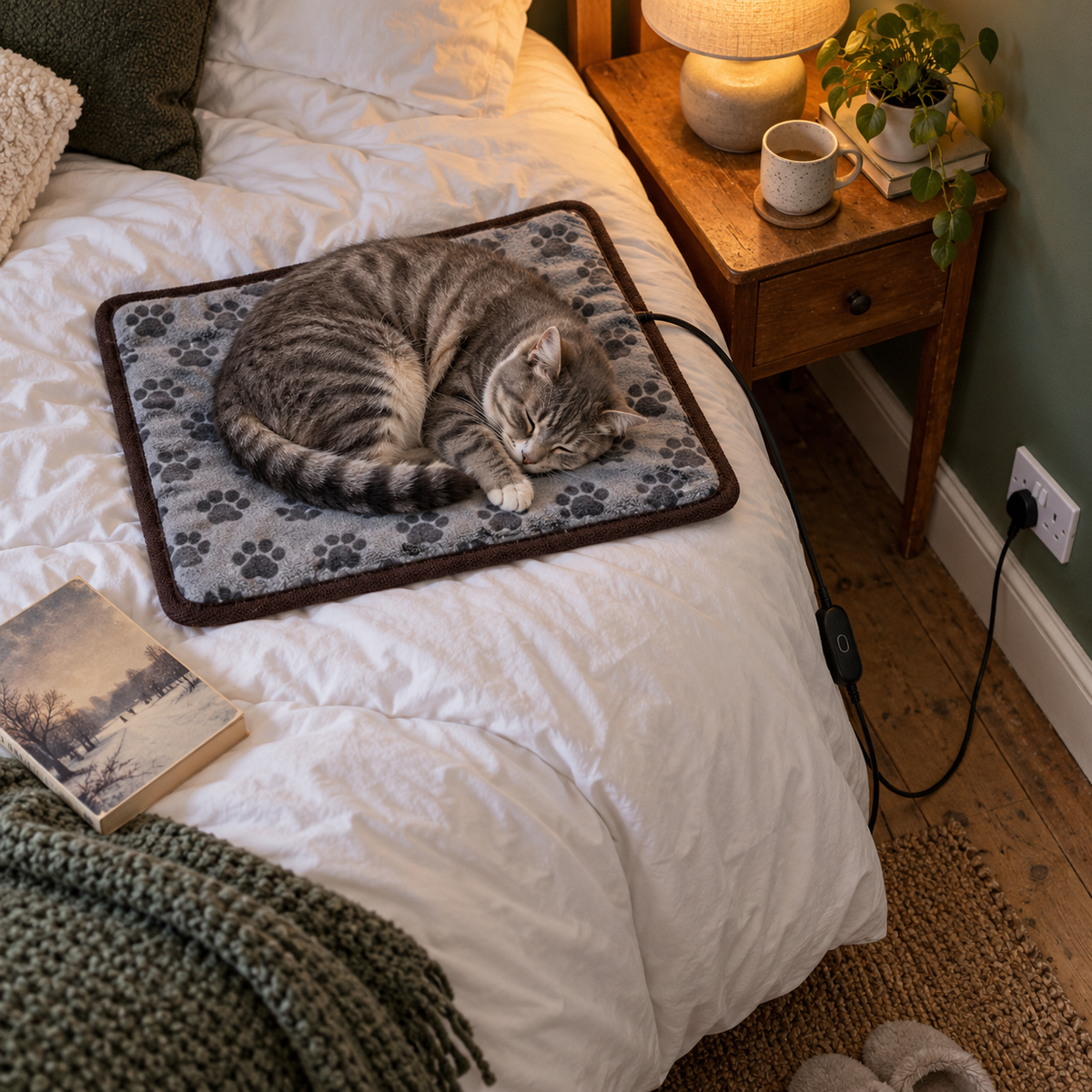 Tabby cat asleep on the Hearth heated mat on a bed, UK bedroom