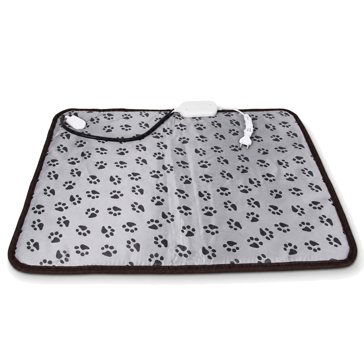 Hearth heated mat for cats, grey paw print cover with brown trim, on a white background