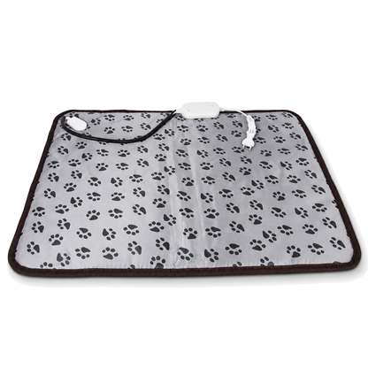 Hearth heated mat for cats, grey paw print cover with brown trim, on a white background