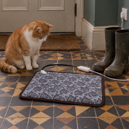 Hearth heated mat on Victorian hall tiles, shown beside wellington boots for scale