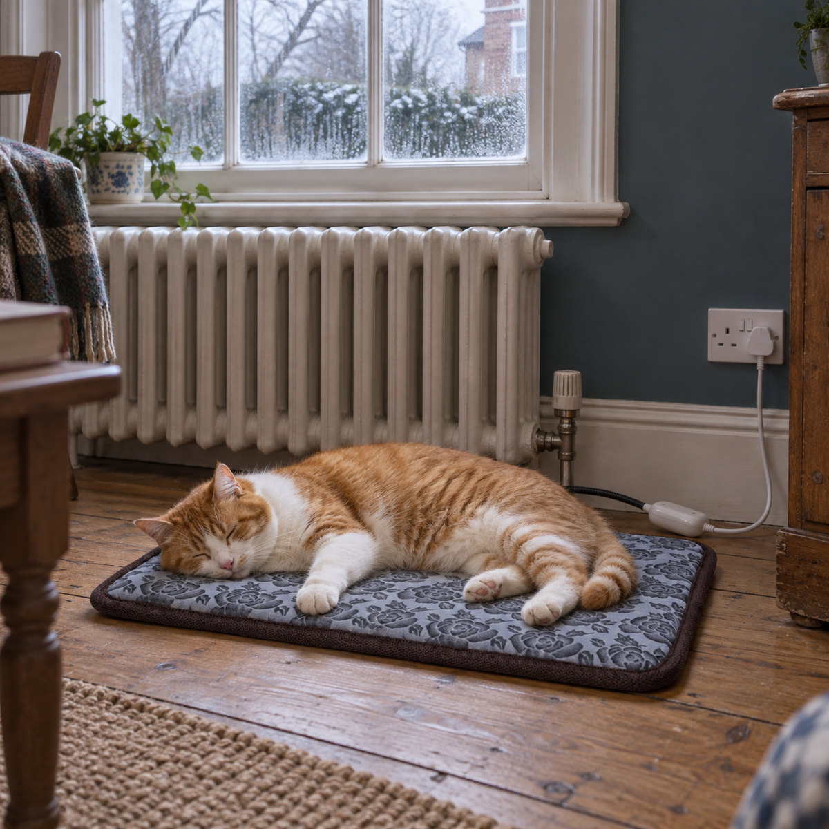 Ginger cat stretched out on the Hearth heated mat beside a column radiator