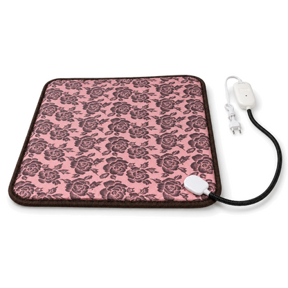 Hearth heated mat for cats, grey rose pattern cover with brown trim, on a white background
