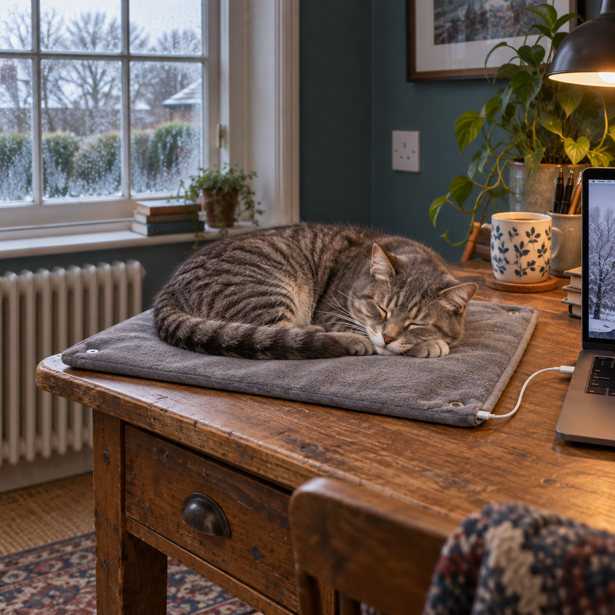 Linnet USB heating pad on a desk beside a laptop with a cat on it