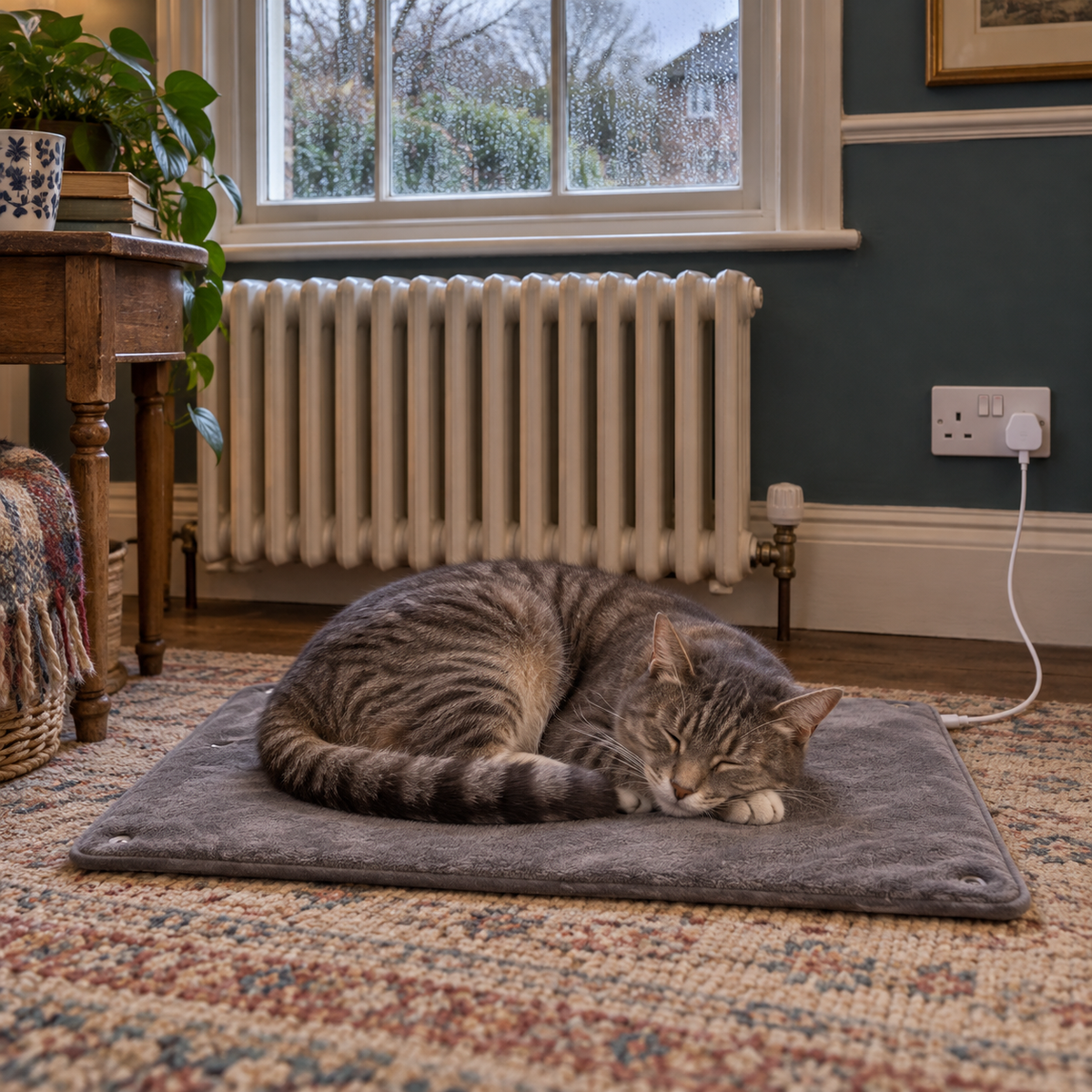 Linnet USB heating pad on a wool rug in front of a column radiator