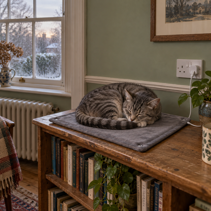 Linnet USB heating pad on a low bookshelf with a cat curled on it