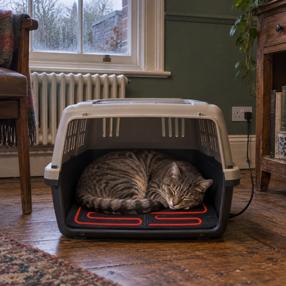 Sedge folding heated mat in a pet carrier with a cat lying on it