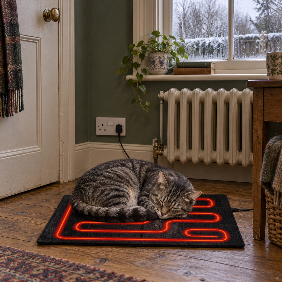 Sedge folding heated mat on floorboards with a cat curled on it