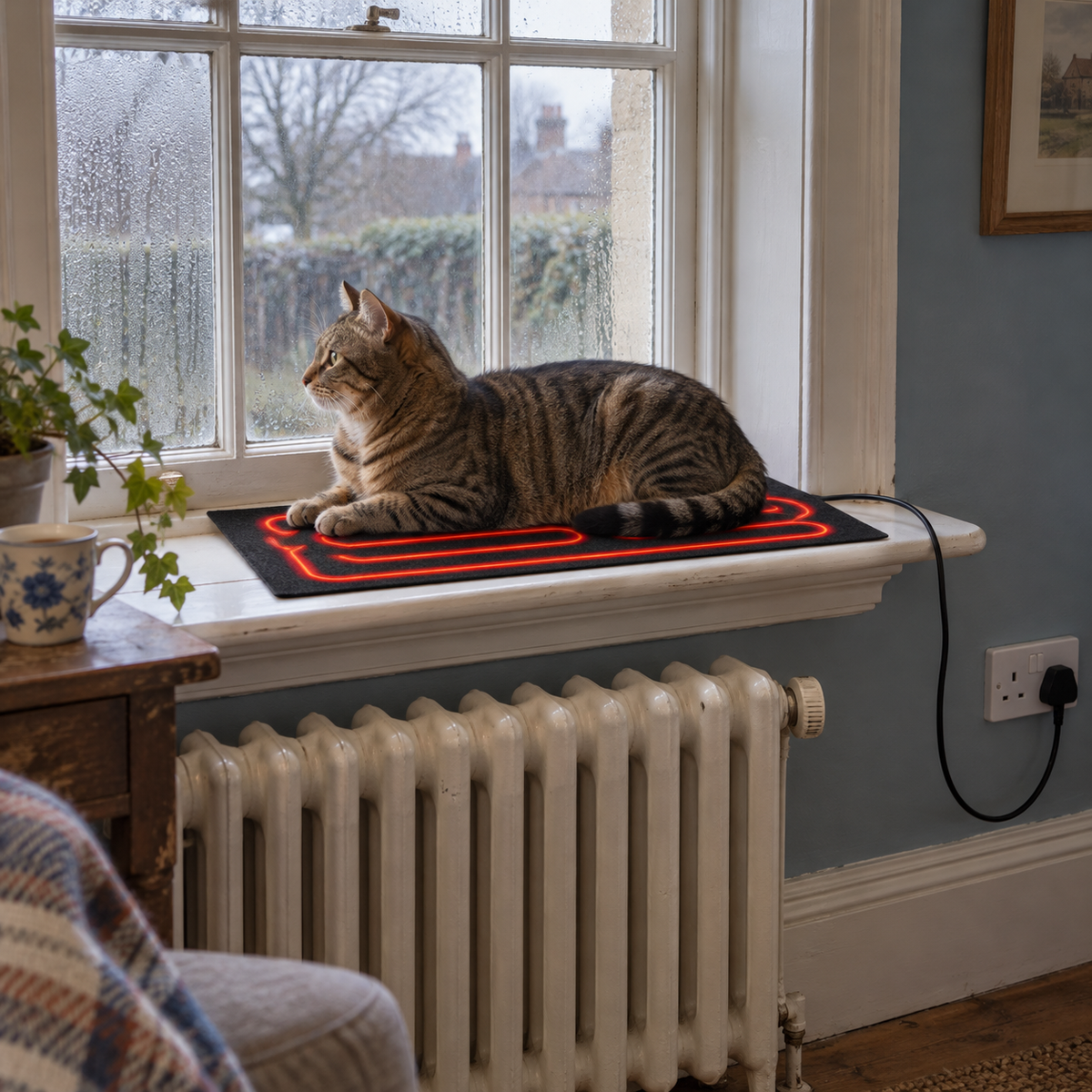 Cat on the Sedge folding heated mat on a sash window sill, radiator below